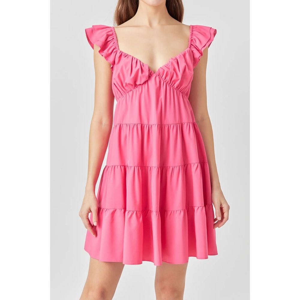Endless Rose Tiered Cotton Ruffle Sleeve V-Neck Mini Dress Fuchsia Pink
